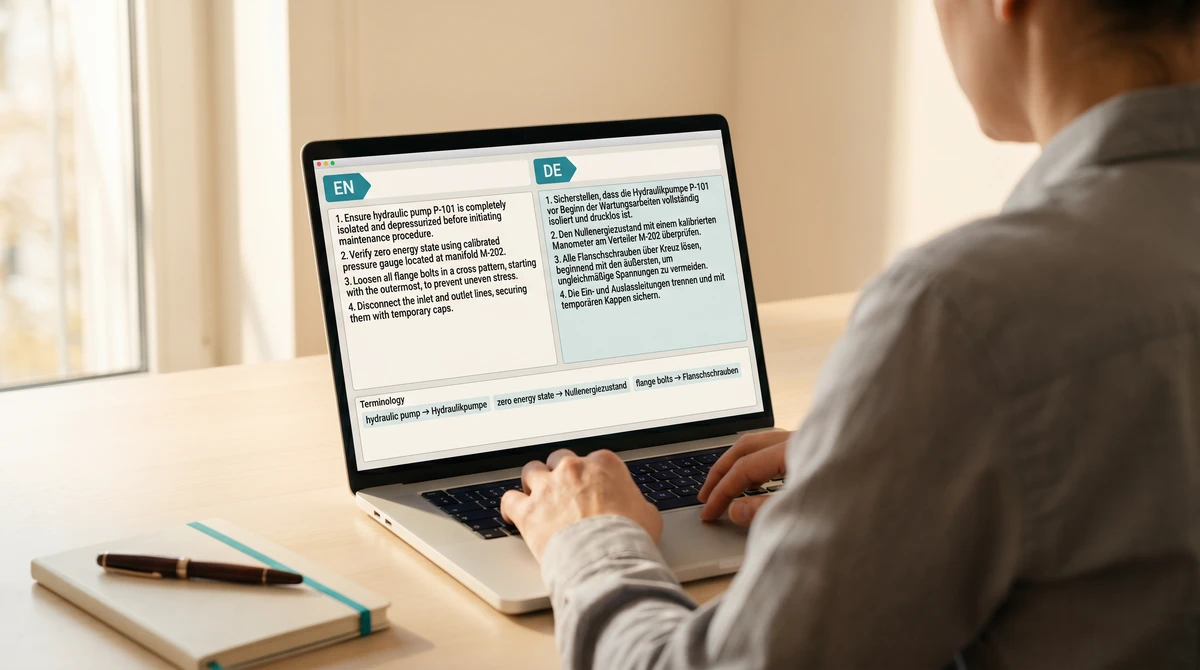Over-the-shoulder view of a technical translator working in a CAT-tool split-pane editor on a laptop showing an English engineering source segment about hydraulic pump maintenance on the left, the German target translation on the right, and a thin termbase strip below with three source-and-target term pairs