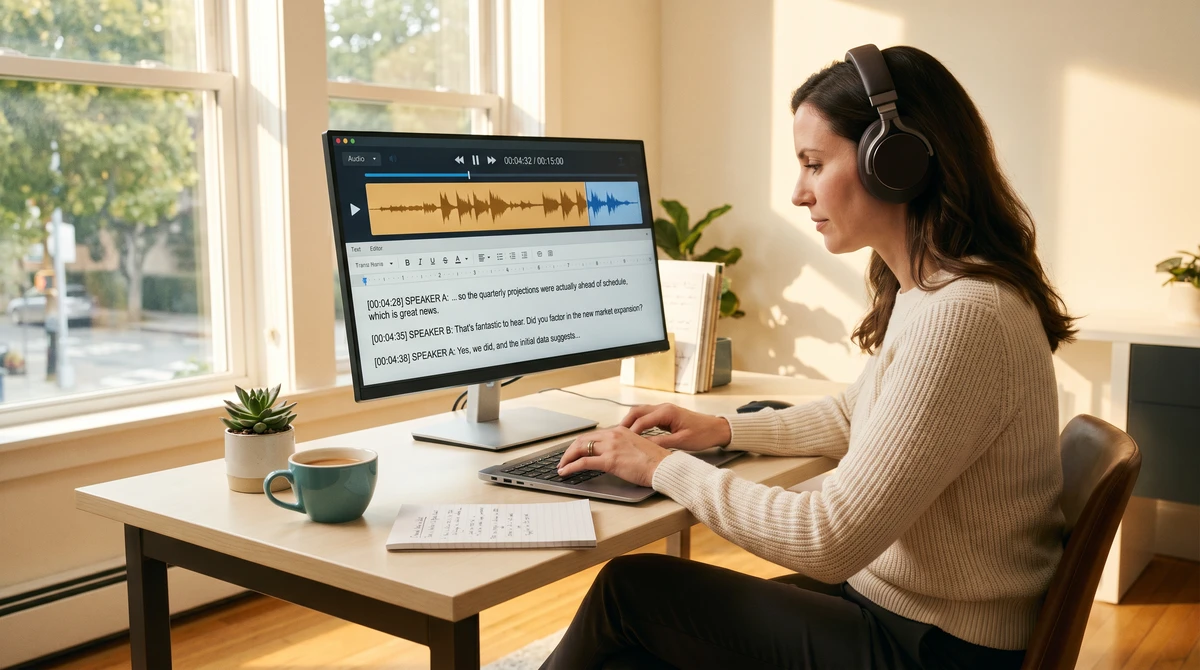 A transcriptionist with headphones in a bright office working in transcription software showing a waveform and a timestamped transcript