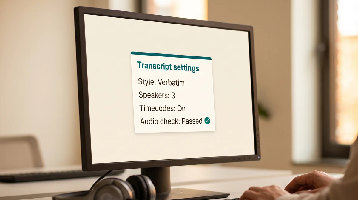 A close-up of a transcript settings card showing style, speaker count, timecodes, and a passed audio quality check