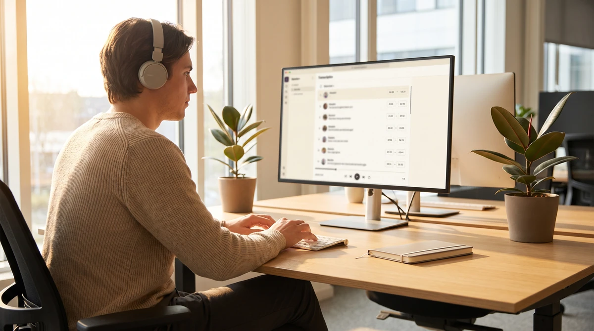 A transcriptionist working through timestamped speaker turns in a transcript editor