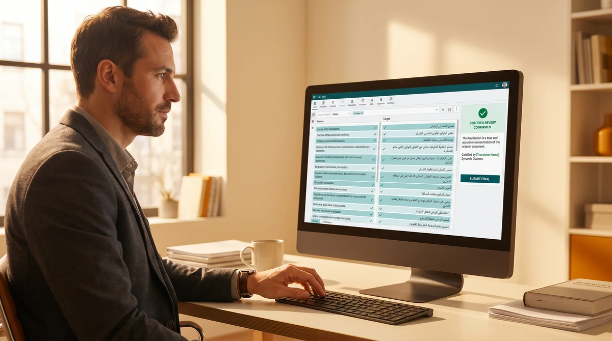 A translator at a flat monitor reviewing a completed certified translation in professional CAT software, certification status visible on screen
