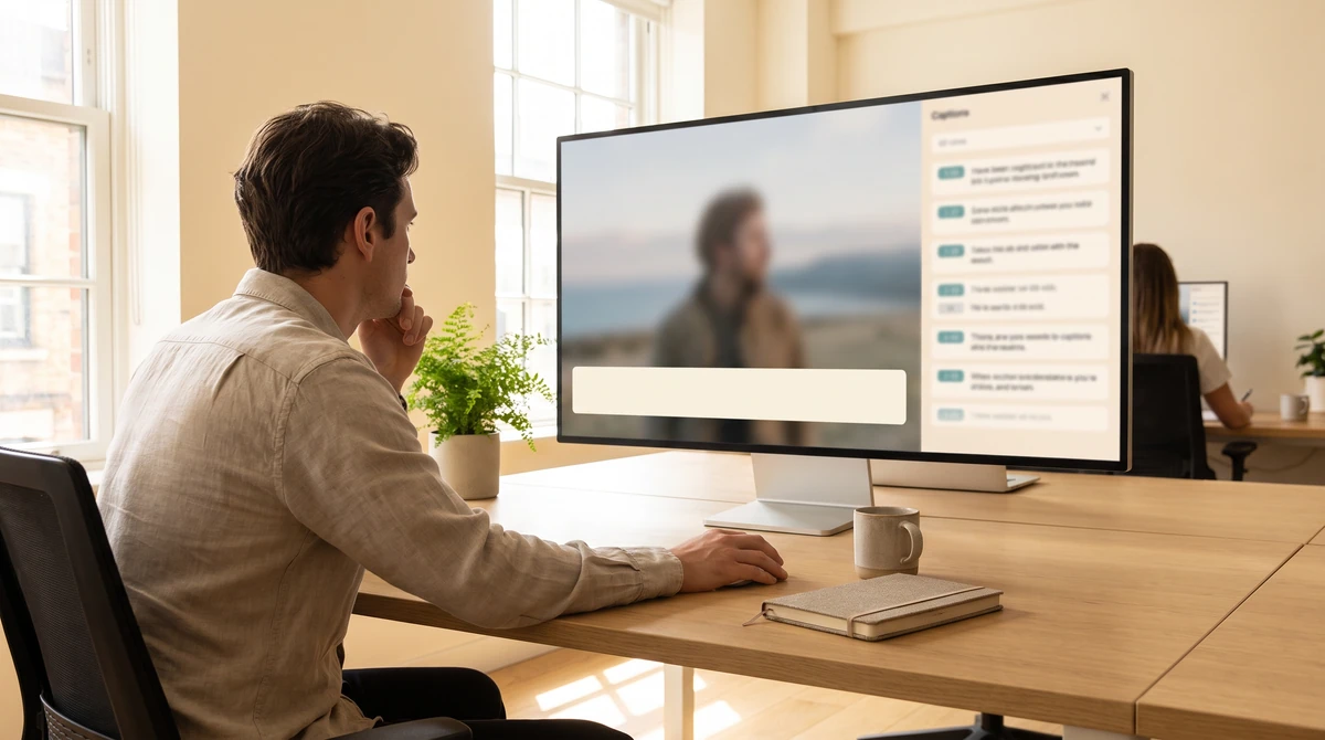 A captioning reviewer checking timed caption rows against the video frame before publication