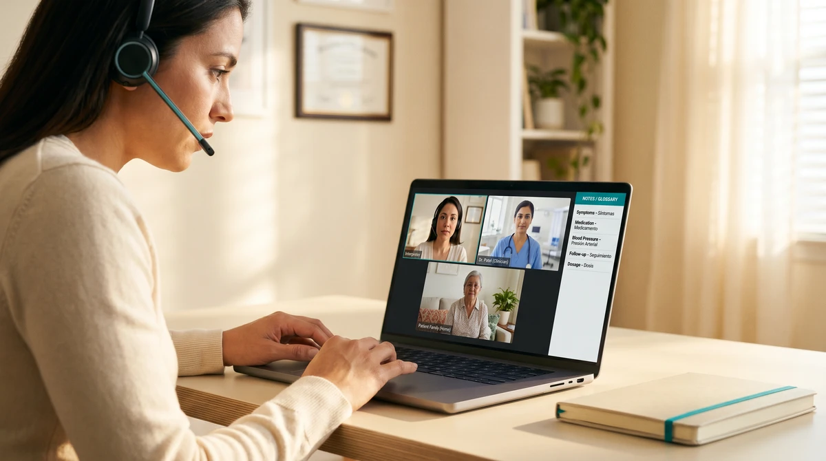 A video remote interpreter at a warm desk wearing a headset, focused on a three-tile video-call interface on a laptop with a clinical-context participant and a glossary notes panel beside the call grid.