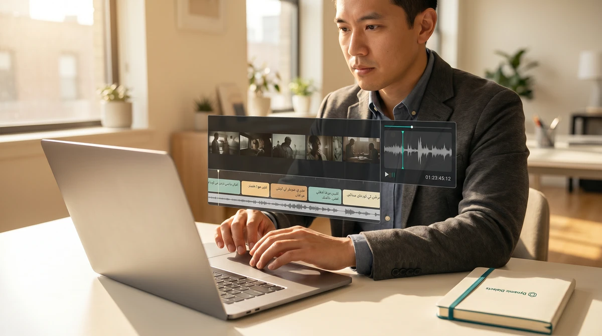 A subtitle and dub engineer at a warm desk, focused on a 2-track video editor on a laptop, with a video frame strip, subtitle timeline in target-language script, and a dub-track waveform visible.