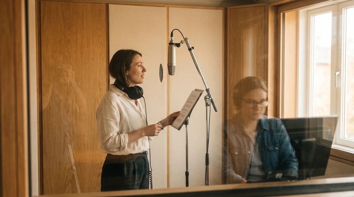 A voice actor recording a localized script in a studio booth while a director follows from the control side