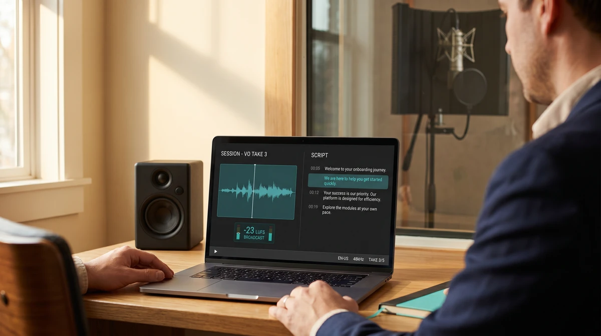Over-the-shoulder view of a voiceover producer at a laptop showing a recorded voiceover take with waveform and loudness meter on the left and a script with the current line highlighted on the right, with a session info strip below, and a recording booth visible through a glass wall to the side