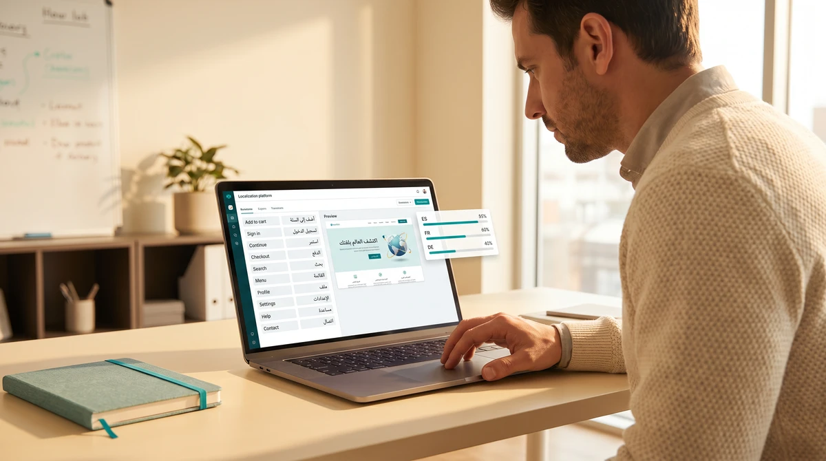 A localization engineer at a warm desk, focused on a localization platform on a laptop showing source UI labels, target-language translations in a foreign script, a live webpage preview, and per-locale progress bars.